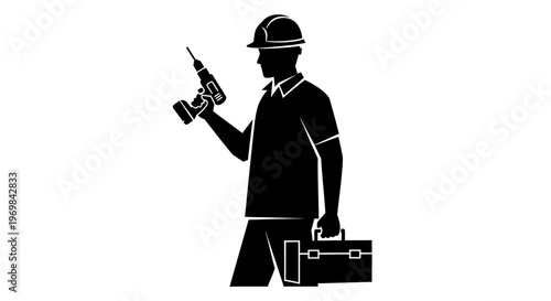 May Day Black silhouette construction worker, holding drill and toolbox, laborer icon, industrial worker symbol Vector