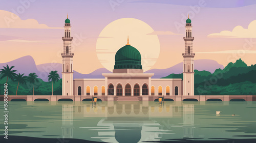 Serene mosque by lake at sunset with mountains and trees in the background islamic architecture illustration
