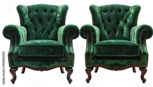 Two plush, emerald-green, button-tufted armchairs, ornate wooden frames on a black background