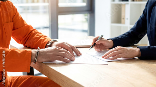 A person in handcuffs wearing orange clothing sits across from lawyer in a suit at a table. The accused and the professional lawyer are consulting about their defense in court.