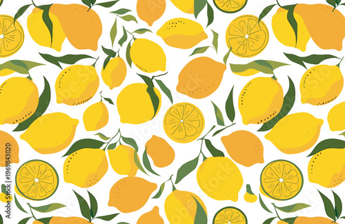 Lemon and leaves pattern background fresh yellow citrus fruits on white.