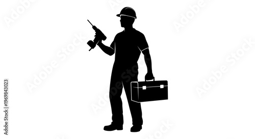 May Day Silhouette construction worker, tool belt, drill, industrial icon, black silhouette Vector
