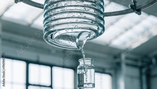 Clear liquid drips from glass coil into a bottle