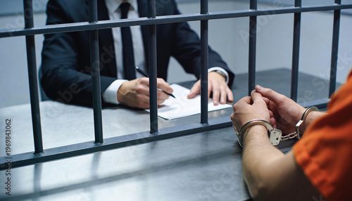 A lawyer sits at a table in a prison meeting room while the client in orange jumpsuit sits across, handcuffed, discussing legal matters and case details