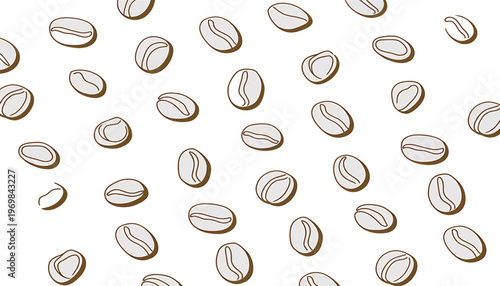 Illustration of falling coffee beans with shadow effects on clean minimalist backdrop.