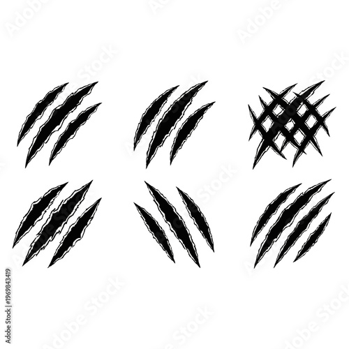 Diverse aggressive animal claw scratch marks vector illustration set, perfect for scary designs or monster attack graphic elements.