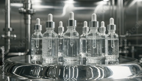 Scientific dropper bottles with clear liquid in a lab setting