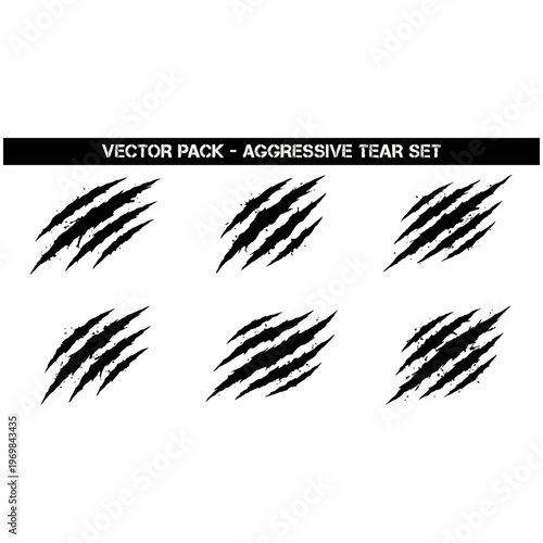 Aggressive black claw marks vector illustration set featuring grunge scratch effects, ideal for intense graphic design projects and digital art.