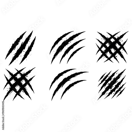 Collection of aggressive monster claw marks vector illustrations, featuring wild animal scratches and grunge texture for a scary design.