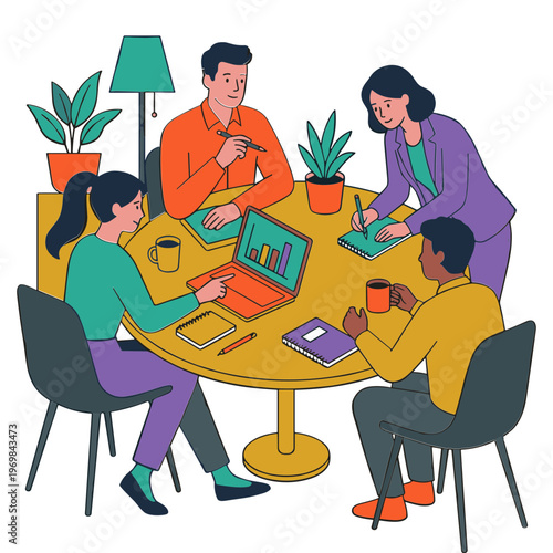 People sitting around a table with laptops and notebooks discussing business