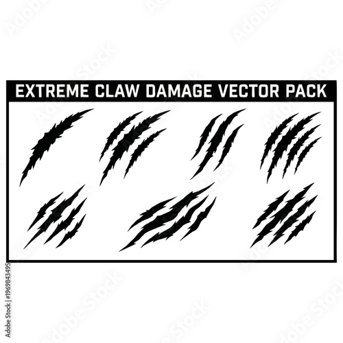 Collection of sharp, aggressive claw marks vector illustration pack displaying various damage scratch designs suitable for graphic design projects.