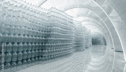 Vast warehouse filled with stacked plastic water bottles under arched ceilings