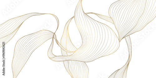 Luxury abstract gold floral line pattern on white background, elegant leaves, flowers, flowing abstract waves. Modern vector illustration, Japanese ornament, Art Deco and Art Nouveau.