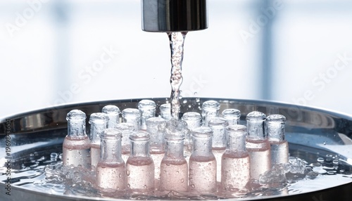 Water streams rinse small glass bottles in a sterile industrial basin