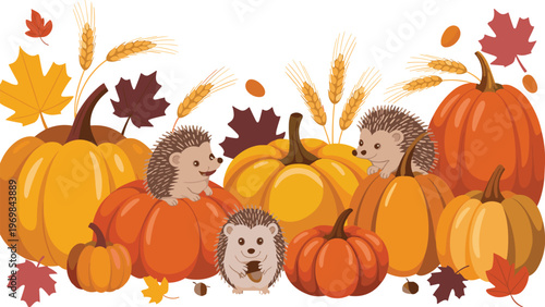 Happy autumn banner with colored pumpkins and hedgehogs thanksgiving or harvest cute horizontal autumn banner vector on white background.