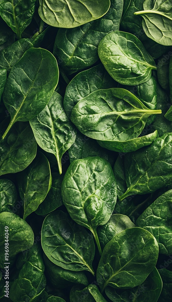 Obraz premium A Close-Up View of Fresh Spinach Leaves, Showcasing Their Deep Green Color and Intricate Veins