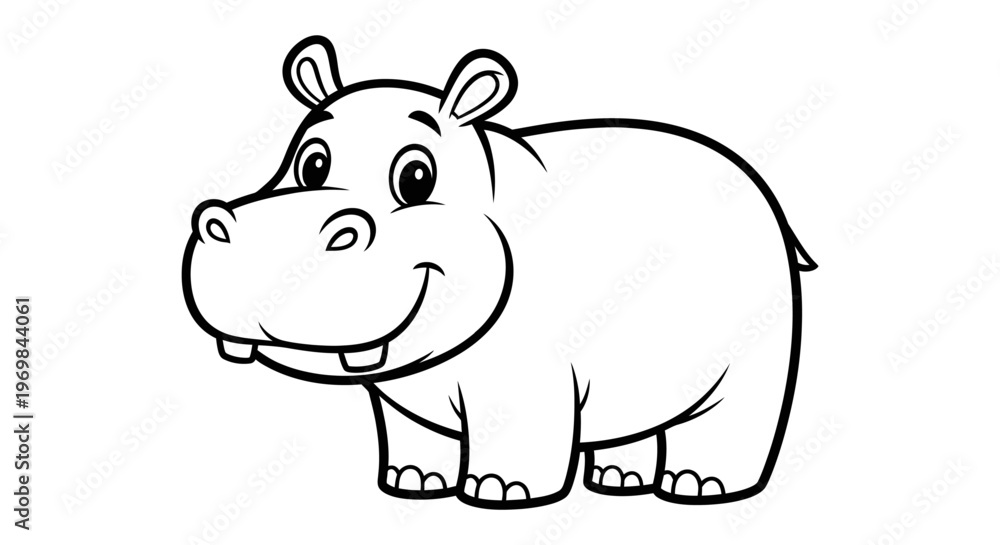 Obraz premium Cheerful cartoon hippopotamus with a friendly expression and a welcoming smile perfect for children's educational content storybooks and playful graphic designs celebrating African wildlife.