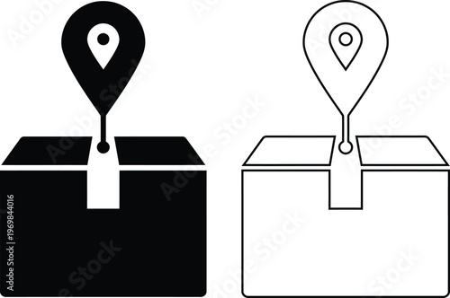 Vector icon set featuring a cardboard shipping package box with a map location pin hovering above for delivery tracking in solid black silhouette and linear outline styles.