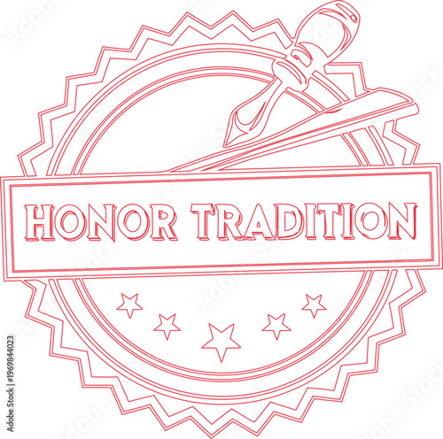 Decorative red stamp emphasizing tradition with a classic quill pen and elegant scroll motif