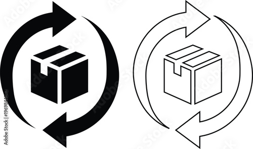Vector icon set featuring a cardboard shipping box with circular arrows for product return and exchange policies in solid black silhouette and linear outline styles.