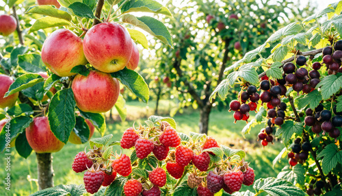Fruit trees and bushes with ripe fruits (e.g. apples, currants, raspberries) in a sunny garden, bright natural colors