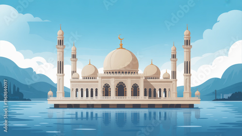 Serene mosque on calm waters islamic architecture with domes and minarets mountainous background