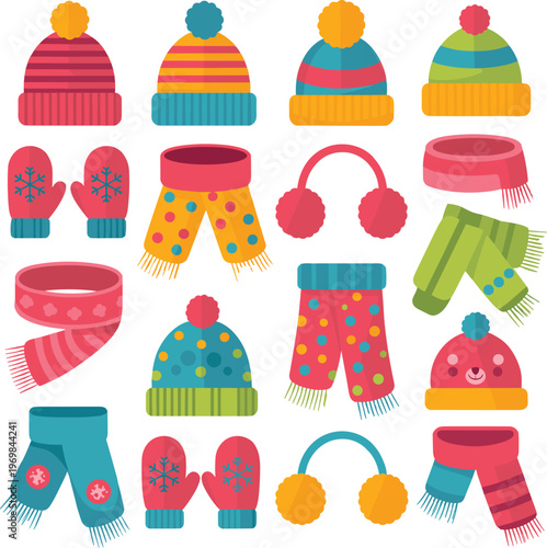 Set children winter accessory knitted kids warm headwear vector on white background.