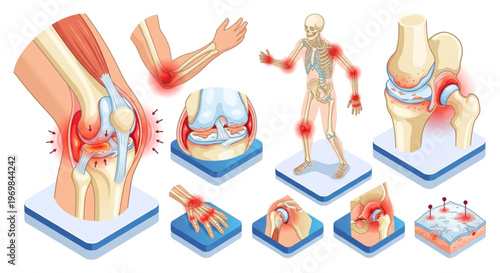 Set of Human Joint Inflammation Anatomy 3D Isometric Vector Illustration. Medical Concept of Arthritis, Rheumatism, and Bone Pain Symptoms Isolated on White Background.