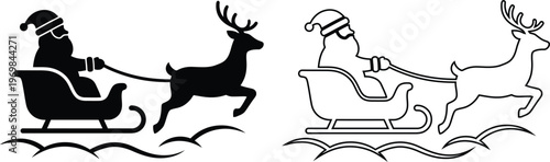 Minimalist flat vector icon set featuring Santa Claus riding a flying sleigh pulled by a reindeer for Christmas in solid black silhouette and linear outline styles.