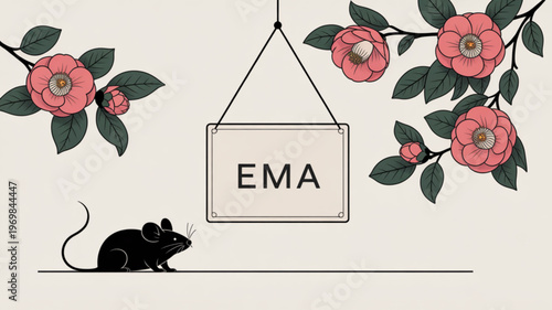 Black mouse looking up at hanging sign with ema and pink flowers on branches