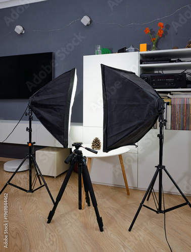 Canvas Print Home photography setup with softbox lights and tripod around a small table for p