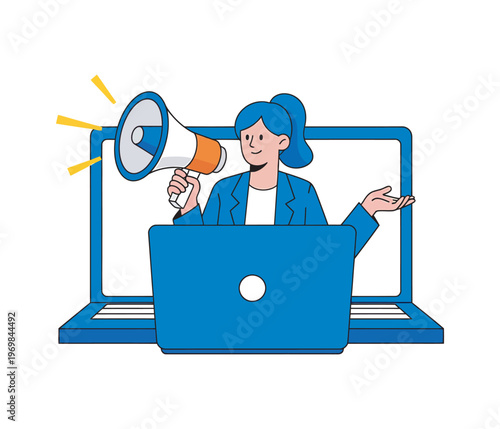 Female business professional using megaphone through laptop for promotional campaign.