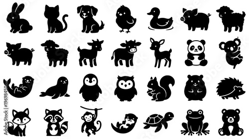 Collection of cute animal silhouettes including panda koala penguin farm livestock and woodland creatures