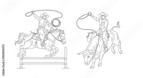 Cowboys riding horses with lassos.