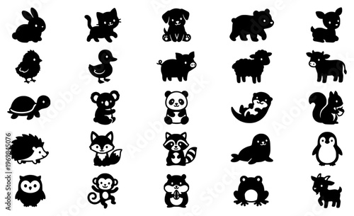 Collection of cute black animal silhouettes including pets farm animals and wild forest creatures set