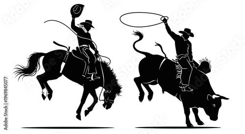 Cowboys riding horses with lassos.