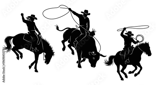 Cowboys riding horses with lassos.