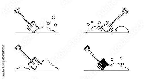 Four shovels digging into sand piles.