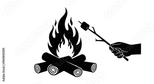 Hand holding marshmallow on stick over campfire.