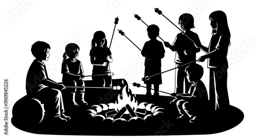 Silhouette of people around campfire.