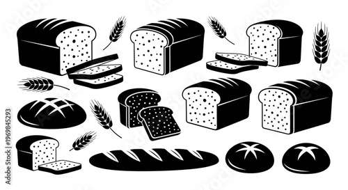 Various types of bread loaves and rolls.