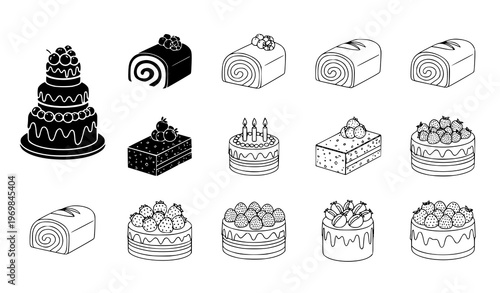 Cakes and desserts icon set – wedding, birthday, and bakery cakes