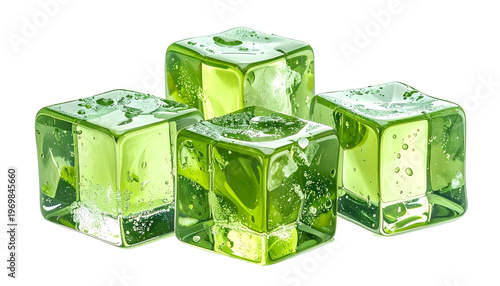 Close-up of four translucent, green, cube-shaped objects with water droplets