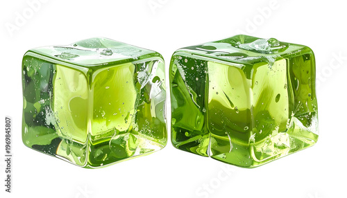 Two translucent, green cubes of gelatin dessert, reflecting light with small bubbles