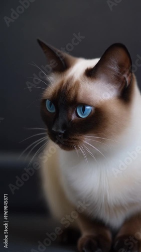 A Siamese cat sitting on a surface with a dark background, looking directly at the camera with striking blue eyes and distinctive markings on its face 