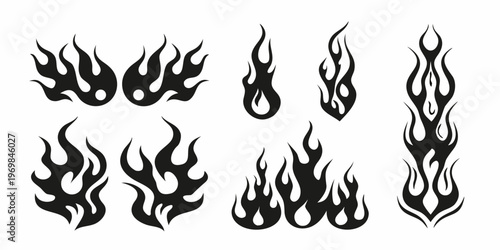 Black and white illustration of several stylized flame designs