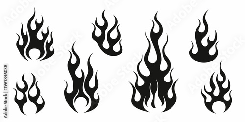 Black tribal flame designs arranged on a plain white background