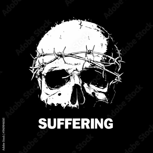 A stark white skull encircled by barbed wire with the word suffering