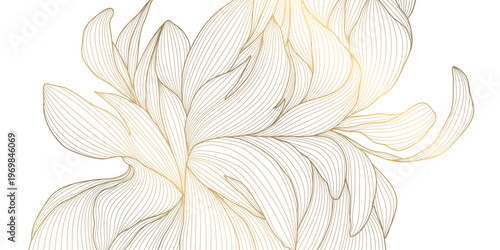 Luxury abstract gold floral line pattern on white background, elegant leaves, flowers, flowing abstract waves. Modern vector illustration, Japanese ornament, Art Deco and Art Nouveau.