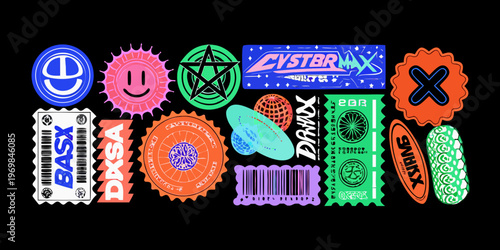 Collection of vibrant stylized sticker designs on a black background